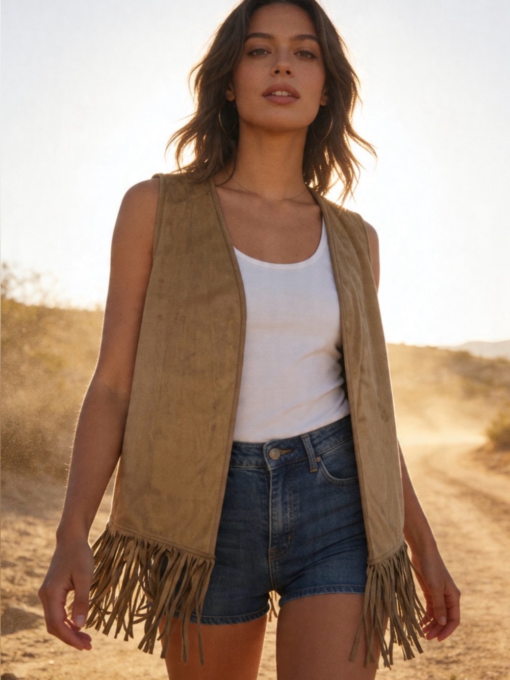 Boho Fringe Faux Suede Vest XL Western, Cowgirl, Festival